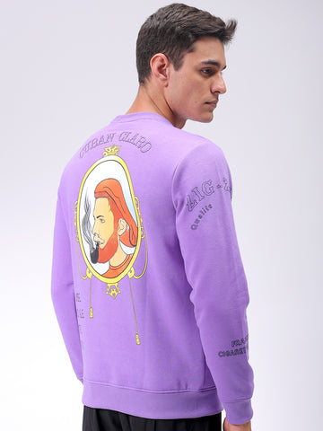 Men's Purple Regular Fit Placement Printed Overhead-Crewneck Sweatshirt