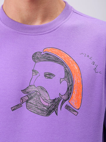 Men's Purple Regular Fit Placement Printed Overhead-Crewneck Sweatshirt