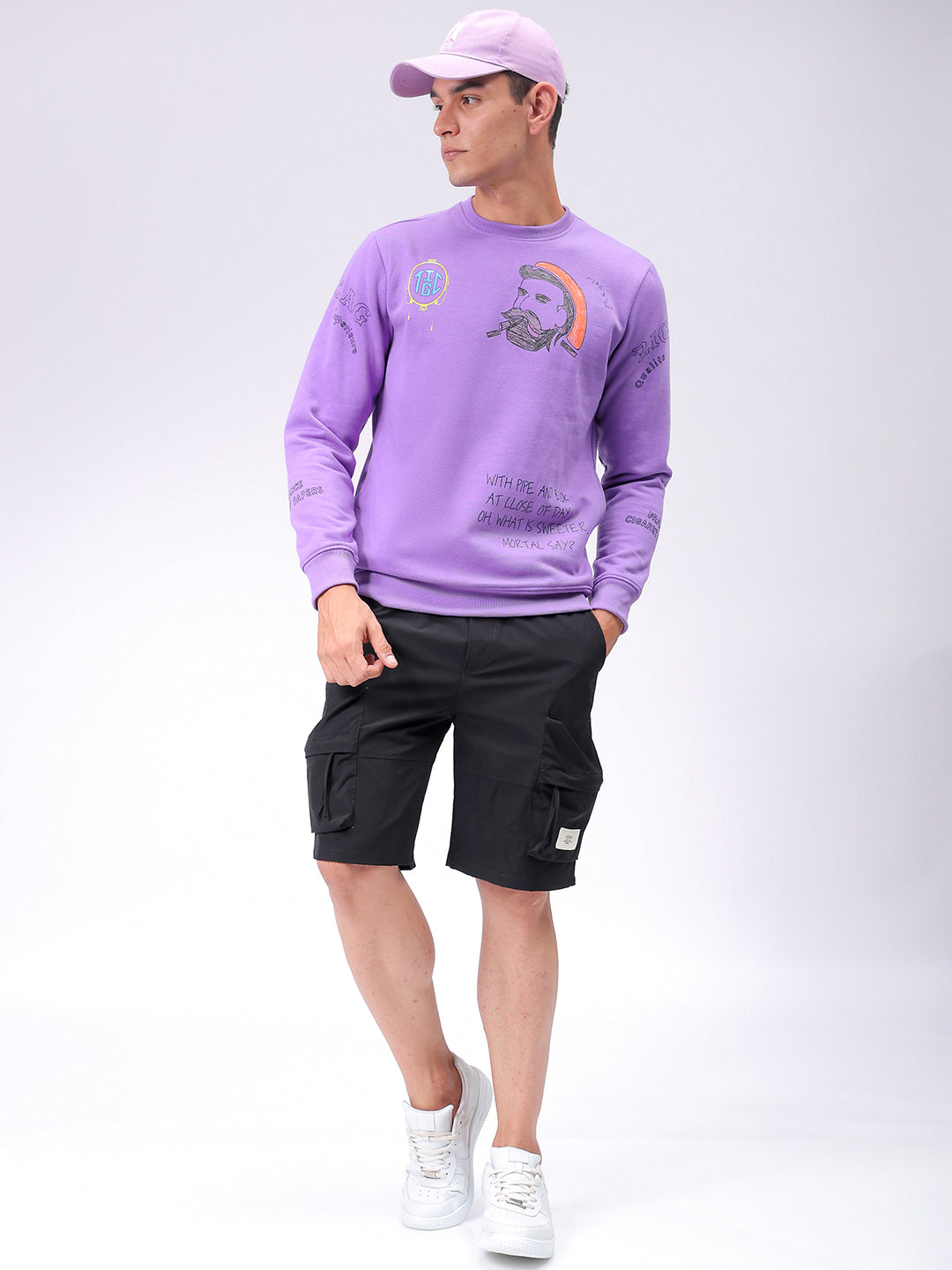 Men's Purple Regular Fit Placement Printed Overhead-Crewneck Sweatshirt