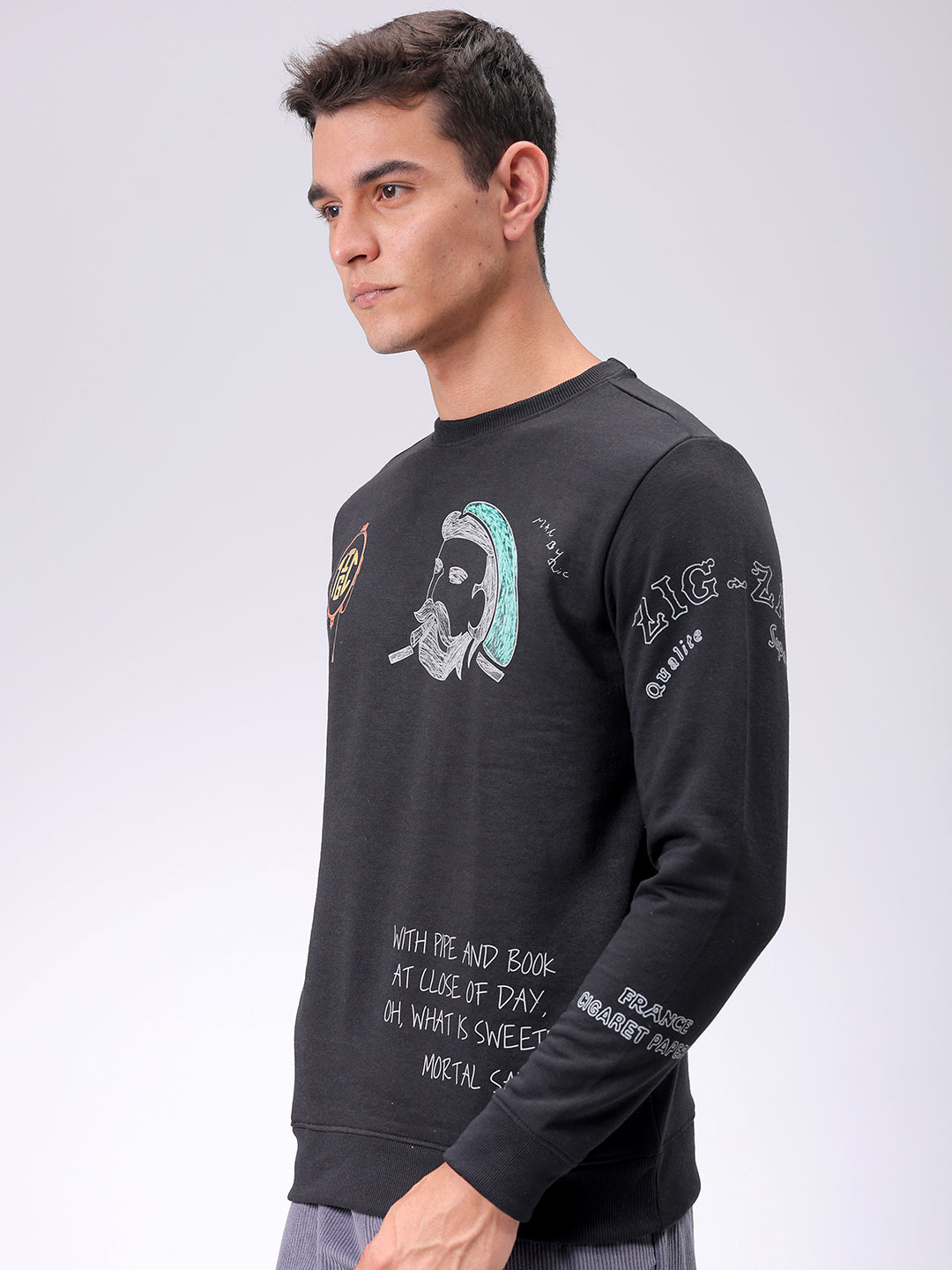 Men's Black Regular Fit Placement Printed Overhead-Crewneck Sweatshirt