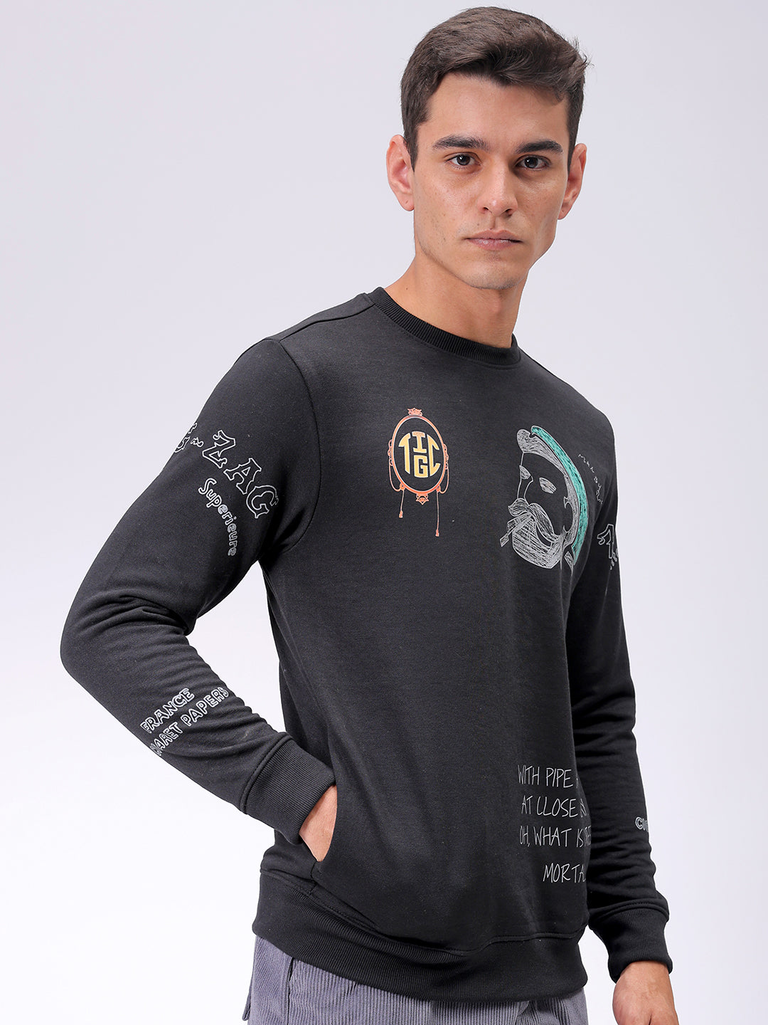 Men's Black Regular Fit Placement Printed Overhead-Crewneck Sweatshirt