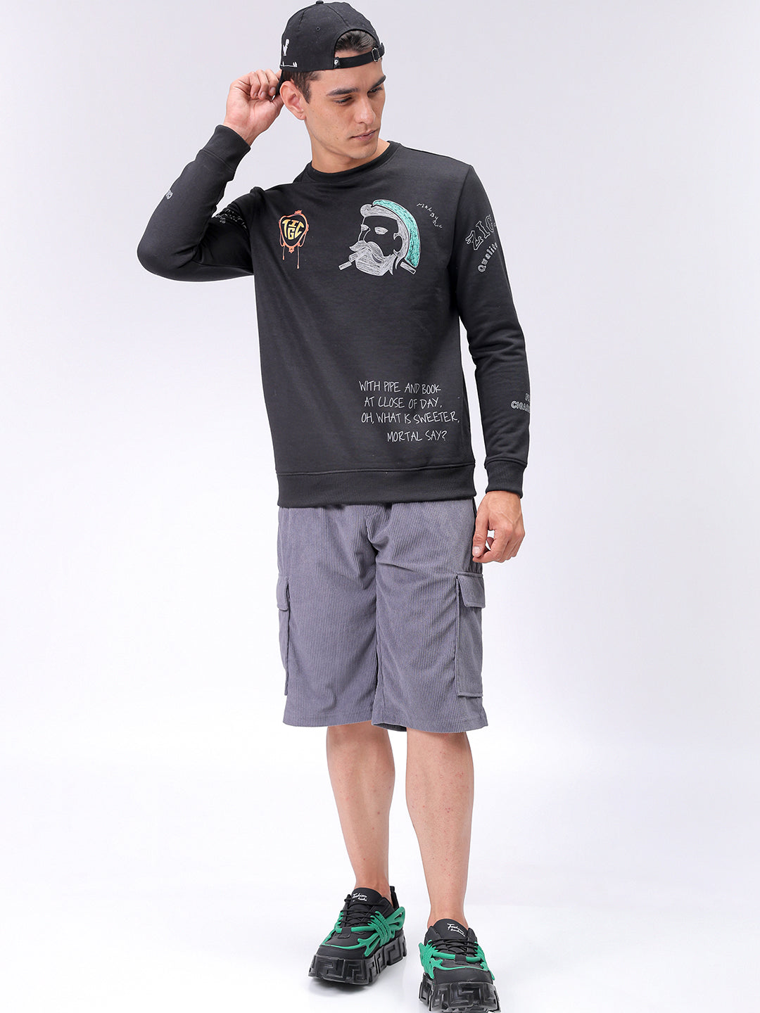 Men's Black Regular Fit Placement Printed Overhead-Crewneck Sweatshirt