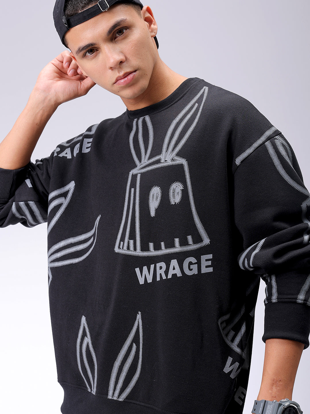 Men's Black Oversized Abstract Printed Overhead-Crewneck Sweatshirt