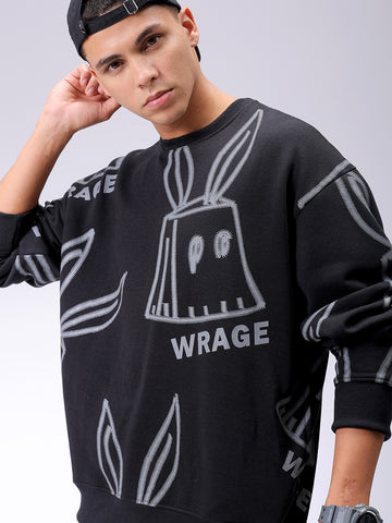 Men's Black Oversized Abstract Printed Overhead-Crewneck Sweatshirt