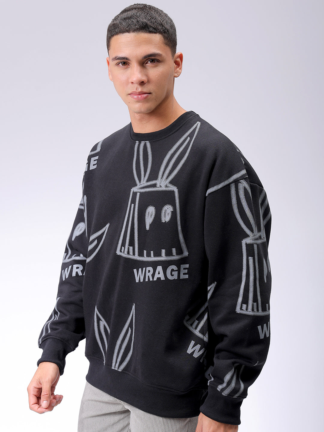 Men's Black Oversized Abstract Printed Overhead-Crewneck Sweatshirt