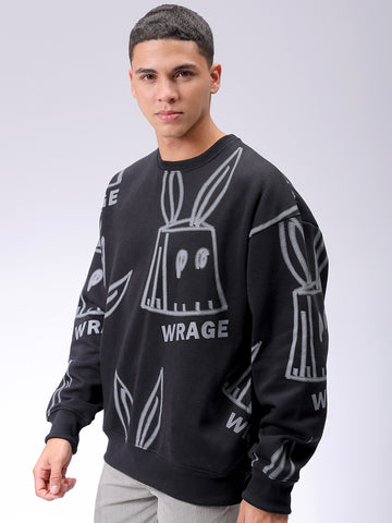 Men's Black Oversized Abstract Printed Overhead-Crewneck Sweatshirt