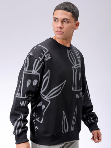 Men's Black Oversized Abstract Printed Overhead-Crewneck Sweatshirt