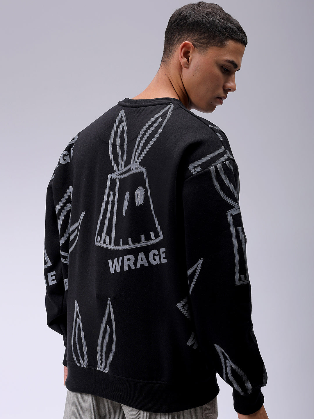 Men's Black Oversized Abstract Printed Overhead-Crewneck Sweatshirt