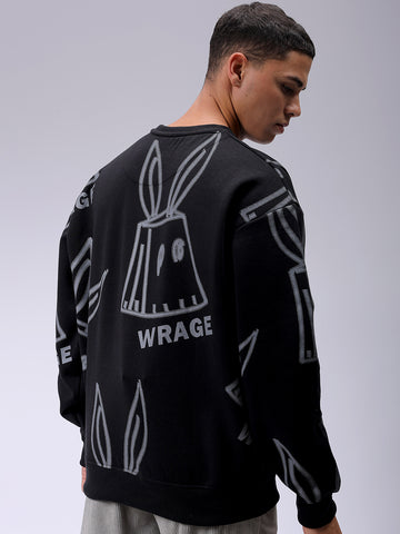 Men's Black Oversized Abstract Printed Overhead-Crewneck Sweatshirt