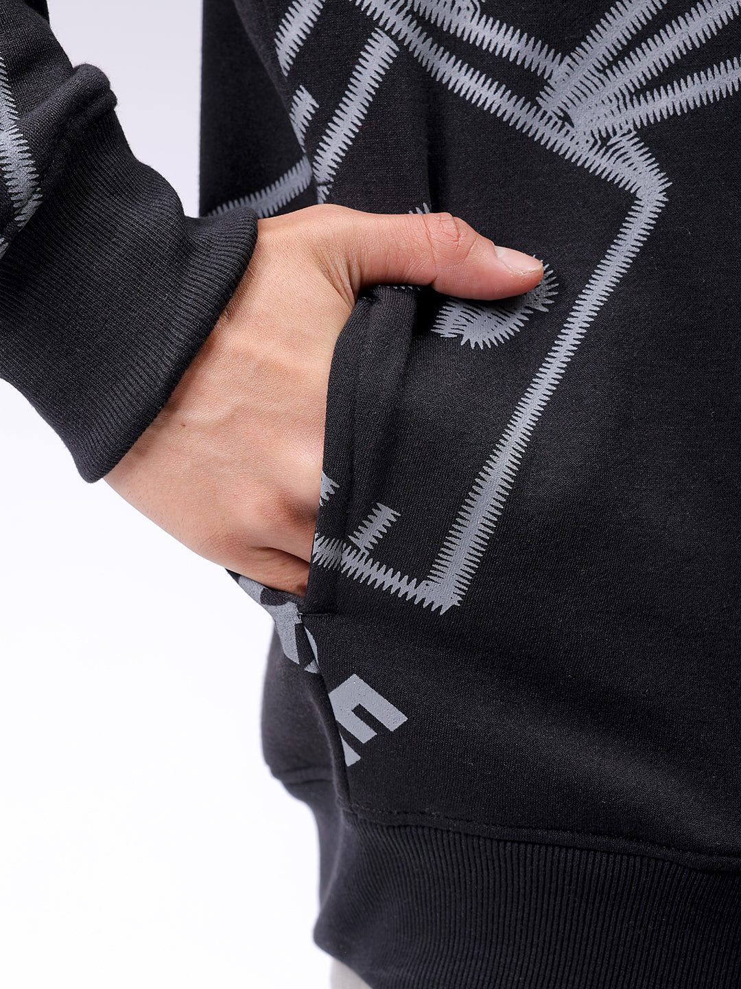 Men's Black Oversized Abstract Printed Overhead-Crewneck Sweatshirt
