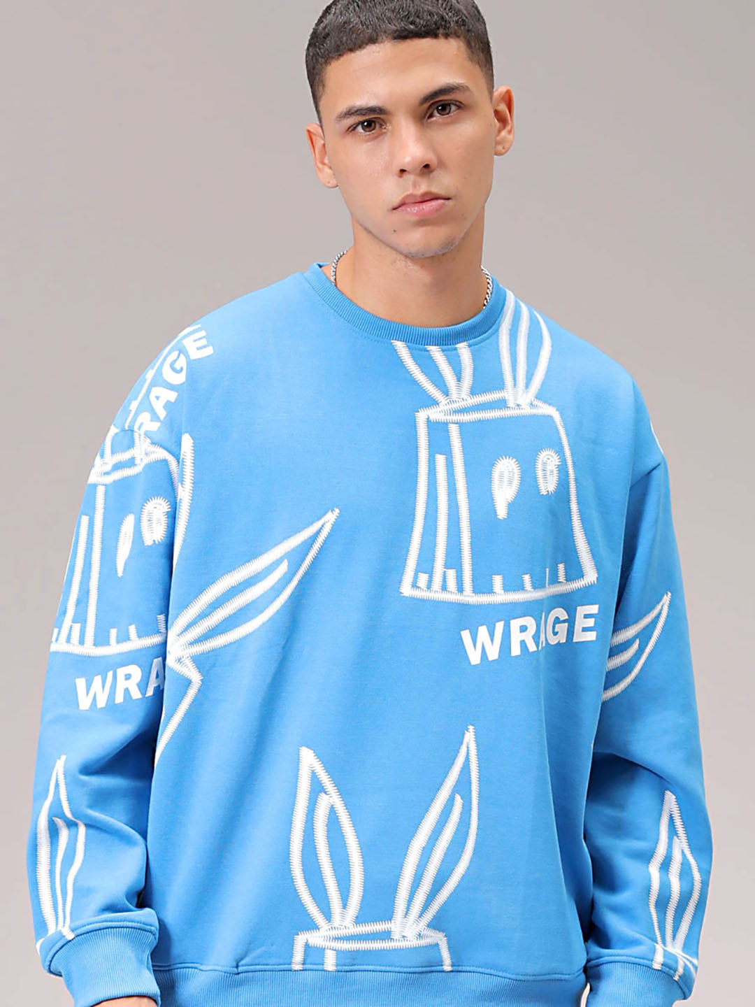 Men's Blue Oversized Abstract Printed Overhead Crewneck Sweatshirt