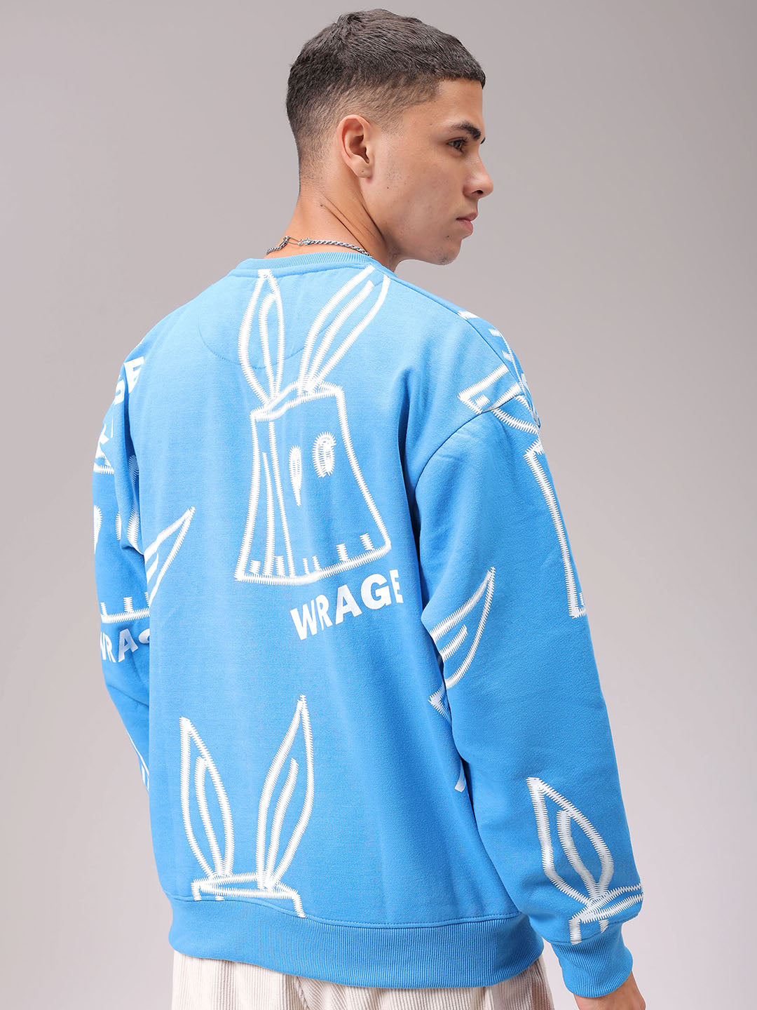 Men's Blue Oversized Abstract Printed Overhead Crewneck Sweatshirt