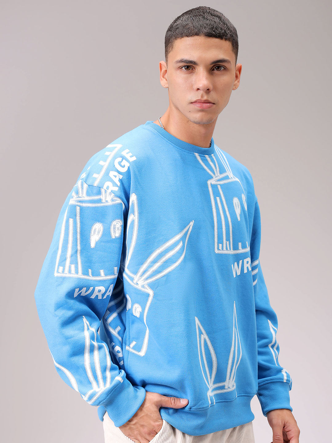 Men's Blue Oversized Abstract Printed Overhead Crewneck Sweatshirt