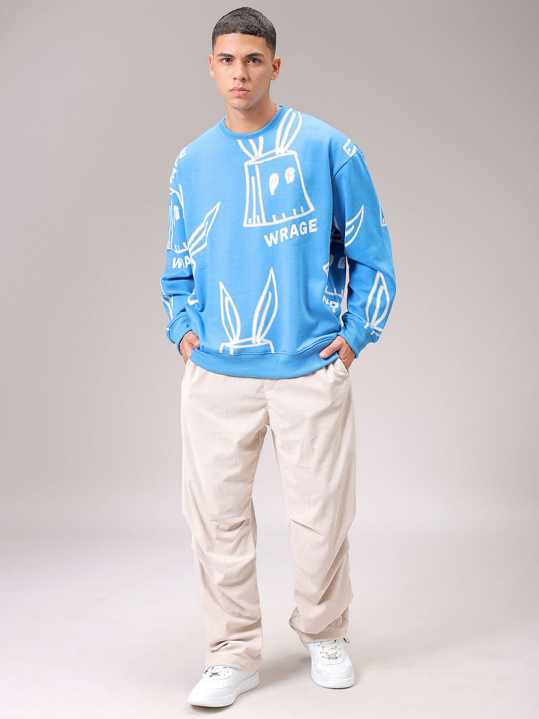 Men's Blue Oversized Abstract Printed Overhead Crewneck Sweatshirt