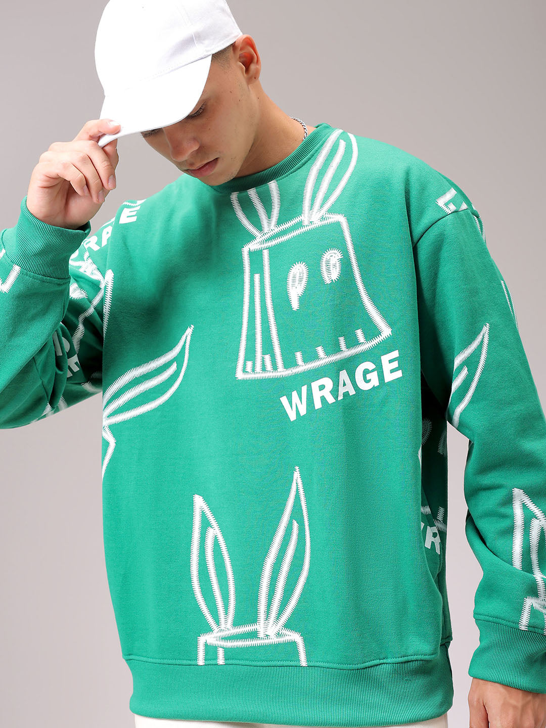 Men's Green Oversized Abstract Printed Overhead Crewneck Sweatshirt