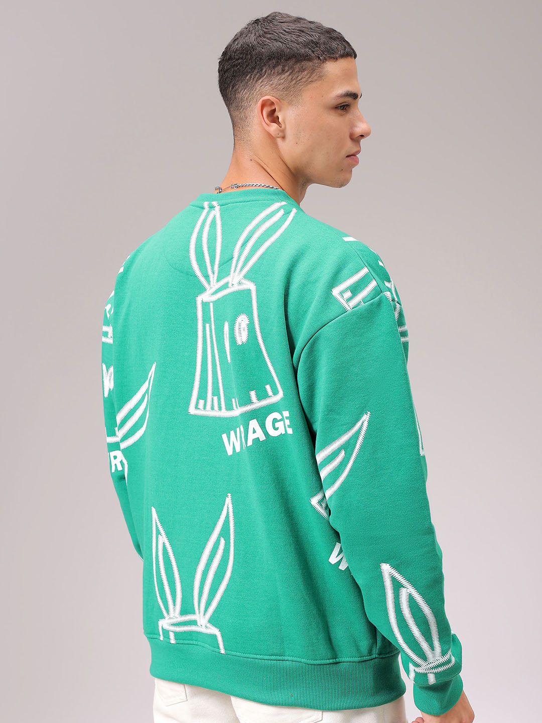 Men's Green Oversized Abstract Printed Overhead Crewneck Sweatshirt