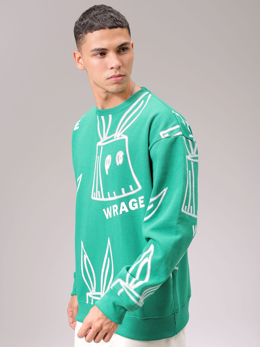 Men's Green Oversized Abstract Printed Overhead Crewneck Sweatshirt