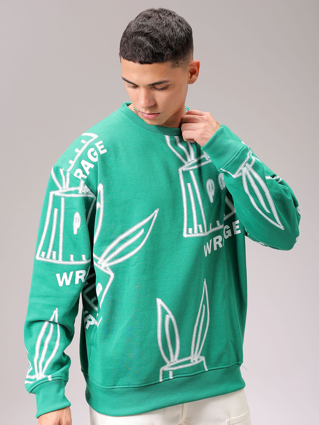 Men's Green Oversized Abstract Printed Overhead Crewneck Sweatshirt