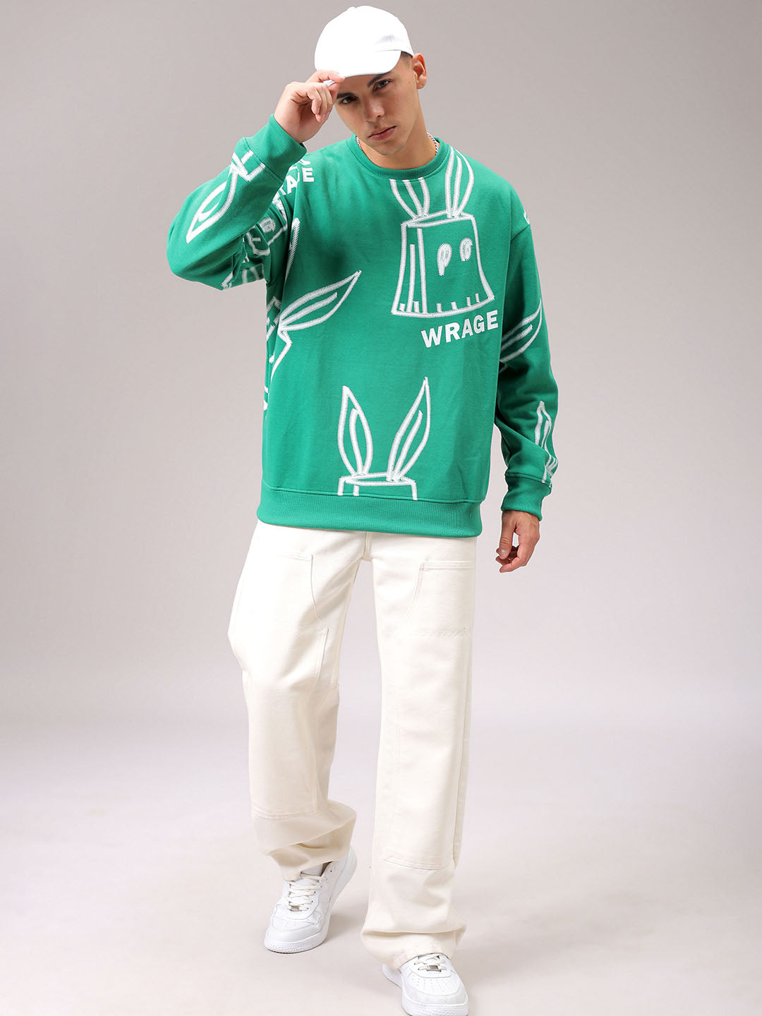 Men's Green Oversized Abstract Printed Overhead Crewneck Sweatshirt