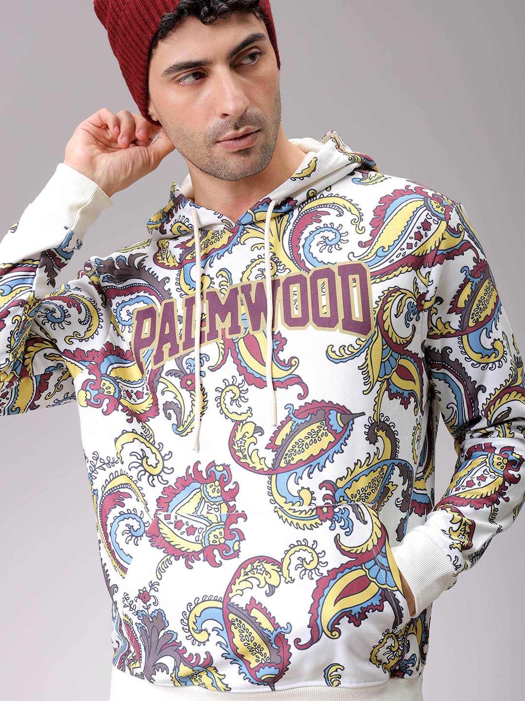 Men's Chalk Regular Fit Paisley Overhead-Hooded Sweatshirt