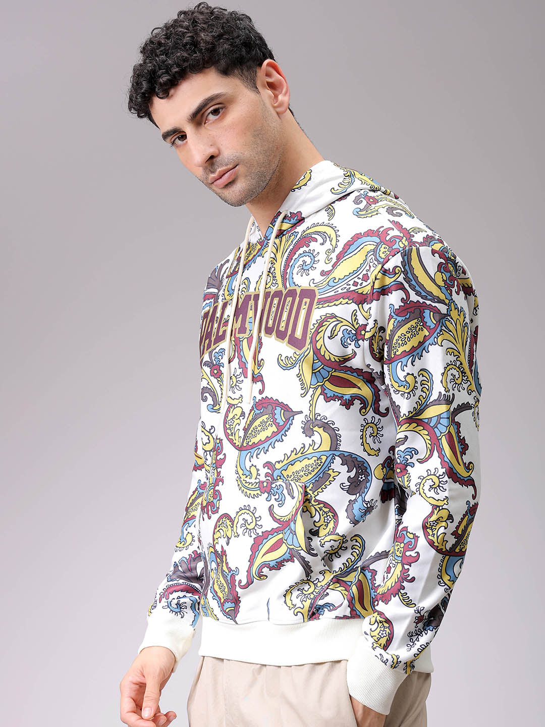 Men's Chalk Regular Fit Paisley Overhead-Hooded Sweatshirt