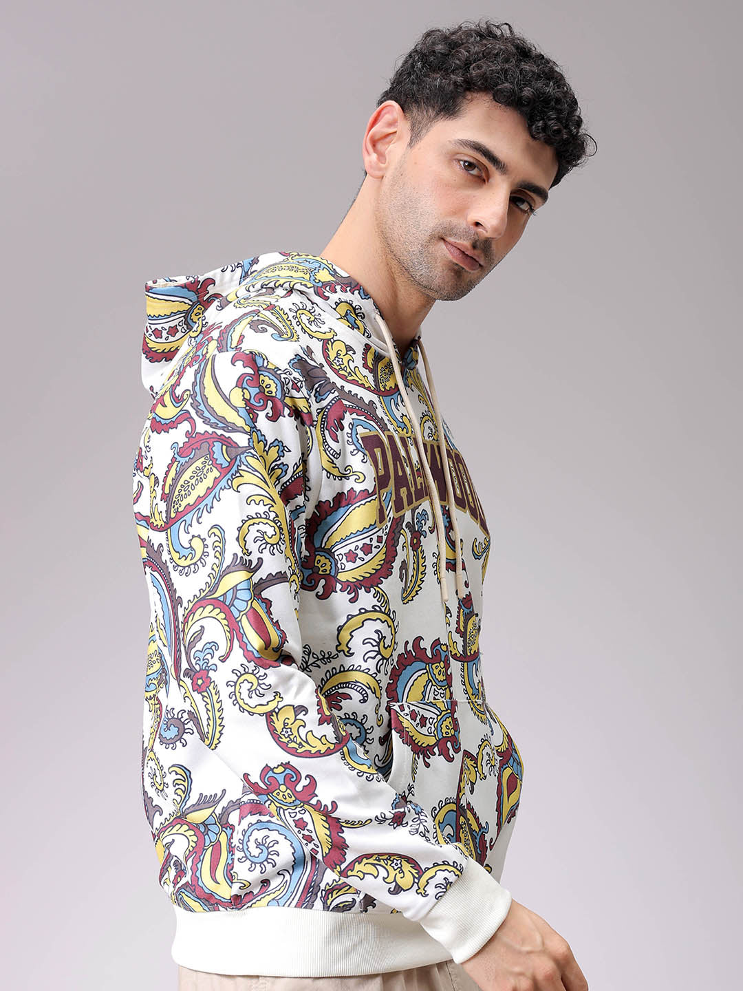 Men's Chalk Regular Fit Paisley Overhead-Hooded Sweatshirt