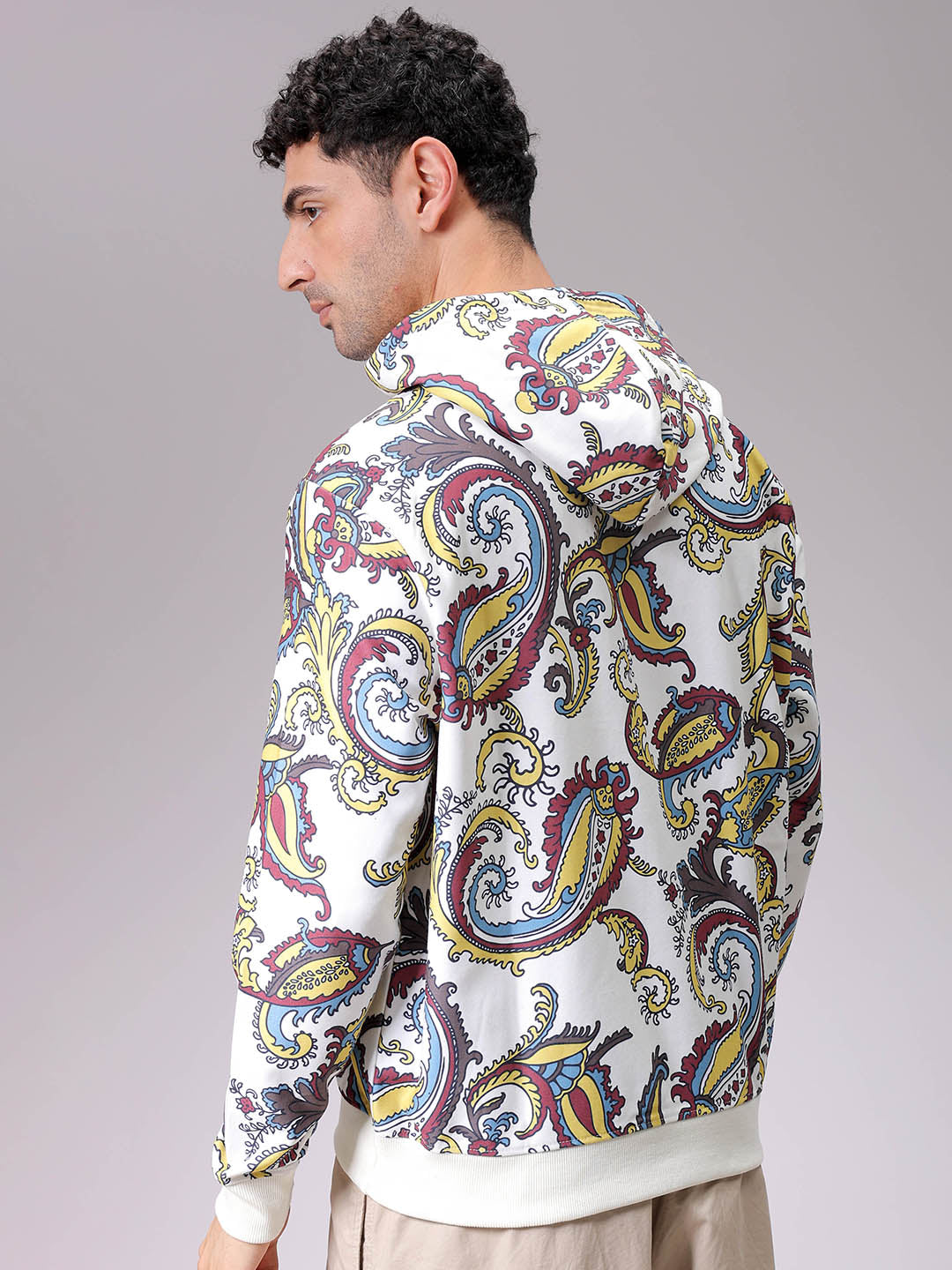 Men's Chalk Regular Fit Paisley Overhead-Hooded Sweatshirt