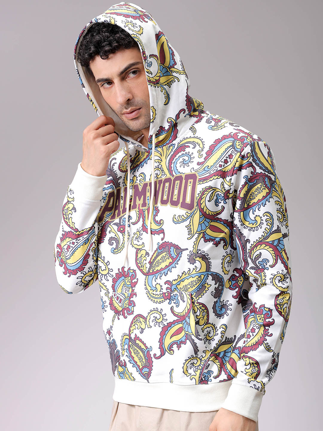 Men's Chalk Regular Fit Paisley Overhead-Hooded Sweatshirt