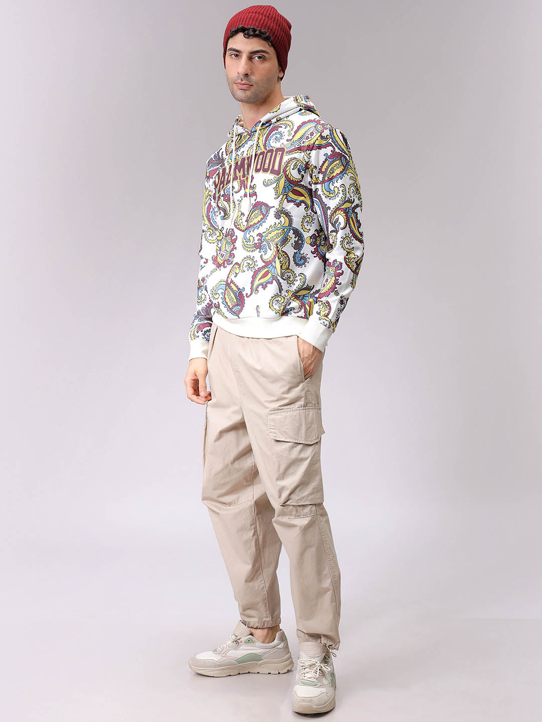 Men's Chalk Regular Fit Paisley Overhead-Hooded Sweatshirt