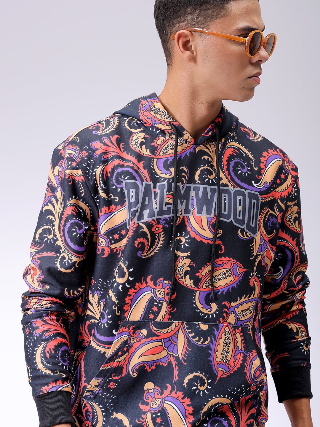 Men's Black Regular Fit Paisley Printed Overhead-Hooded Sweatshirt