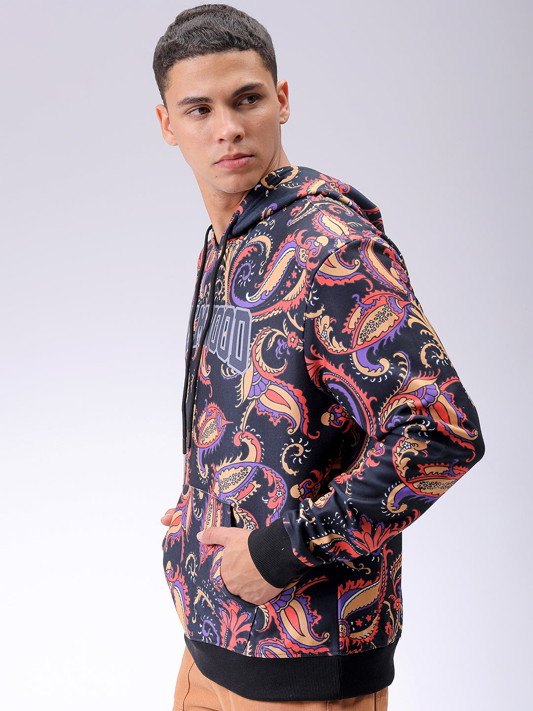 Men's Black Regular Fit Paisley Printed Overhead-Hooded Sweatshirt