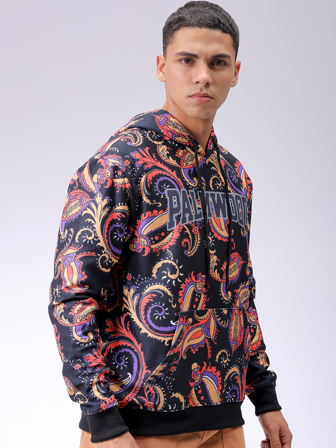 Men's Black Regular Fit Paisley Printed Overhead-Hooded Sweatshirt