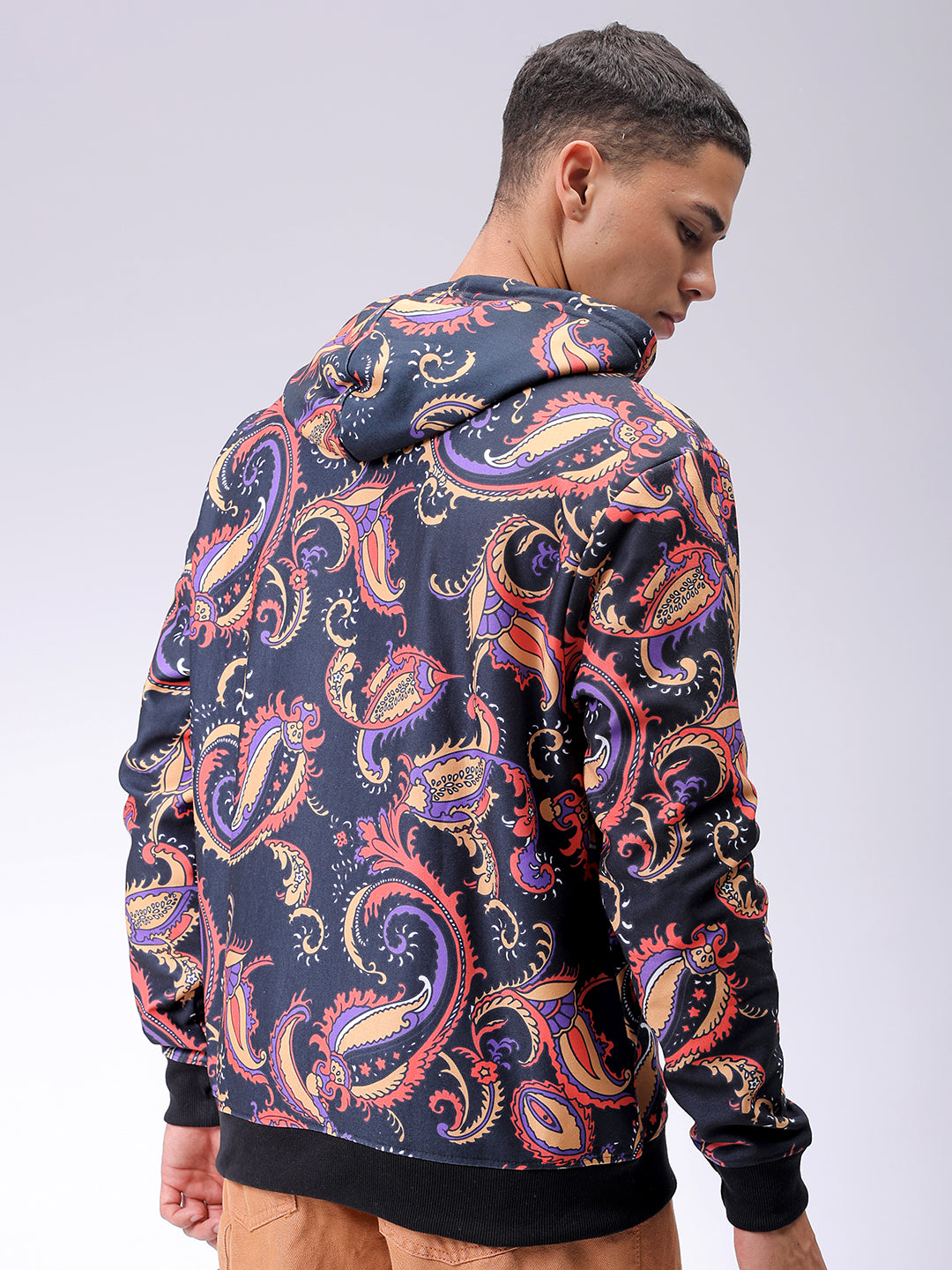 Men's Black Regular Fit Paisley Printed Overhead-Hooded Sweatshirt