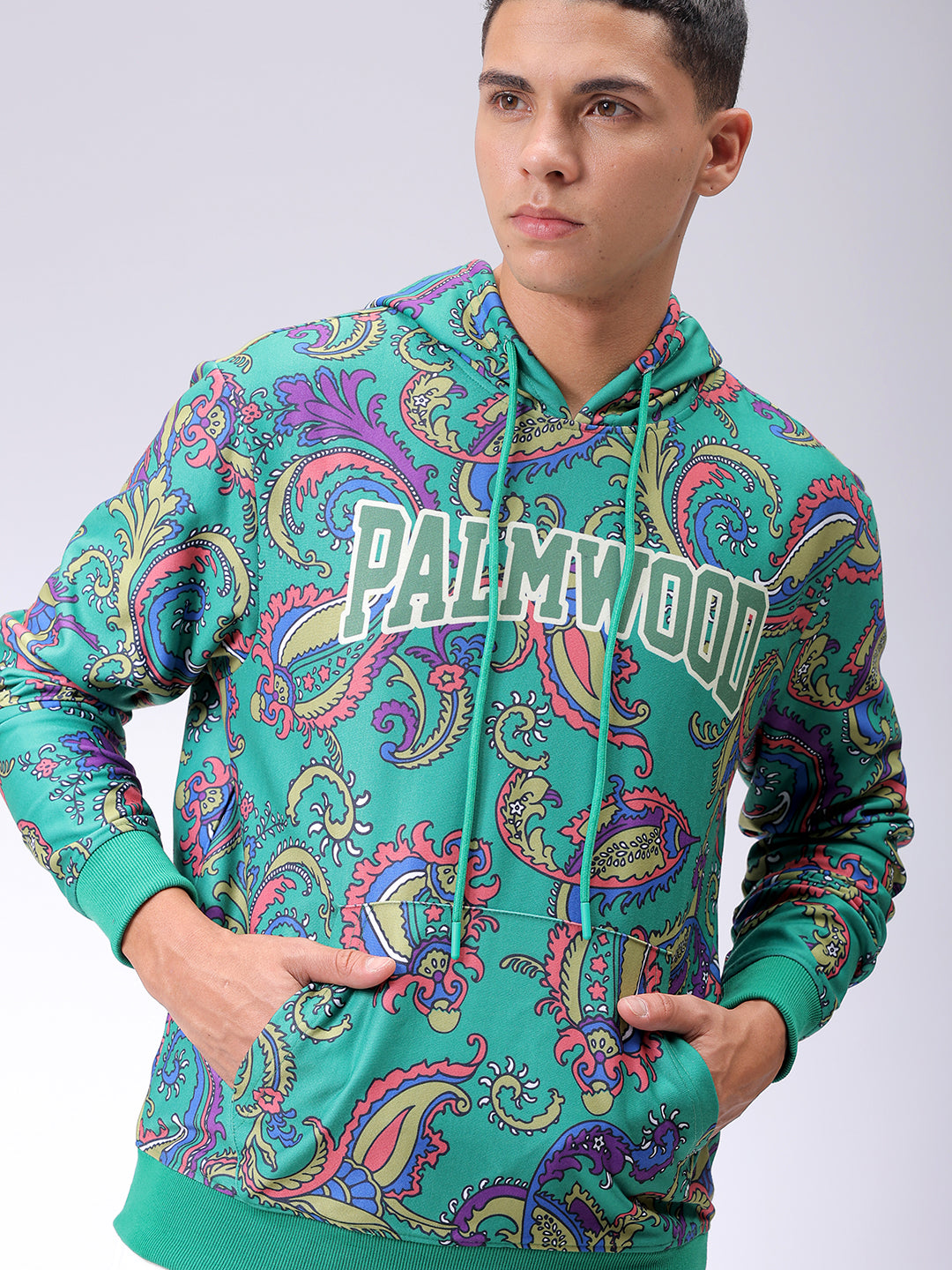 Men's Green Regular Fit Paisley Printed Overhead-Hooded Sweatshirt