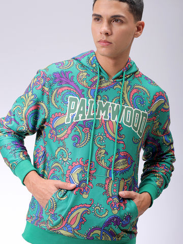 Men's Green Regular Fit Paisley Printed Overhead-Hooded Sweatshirt