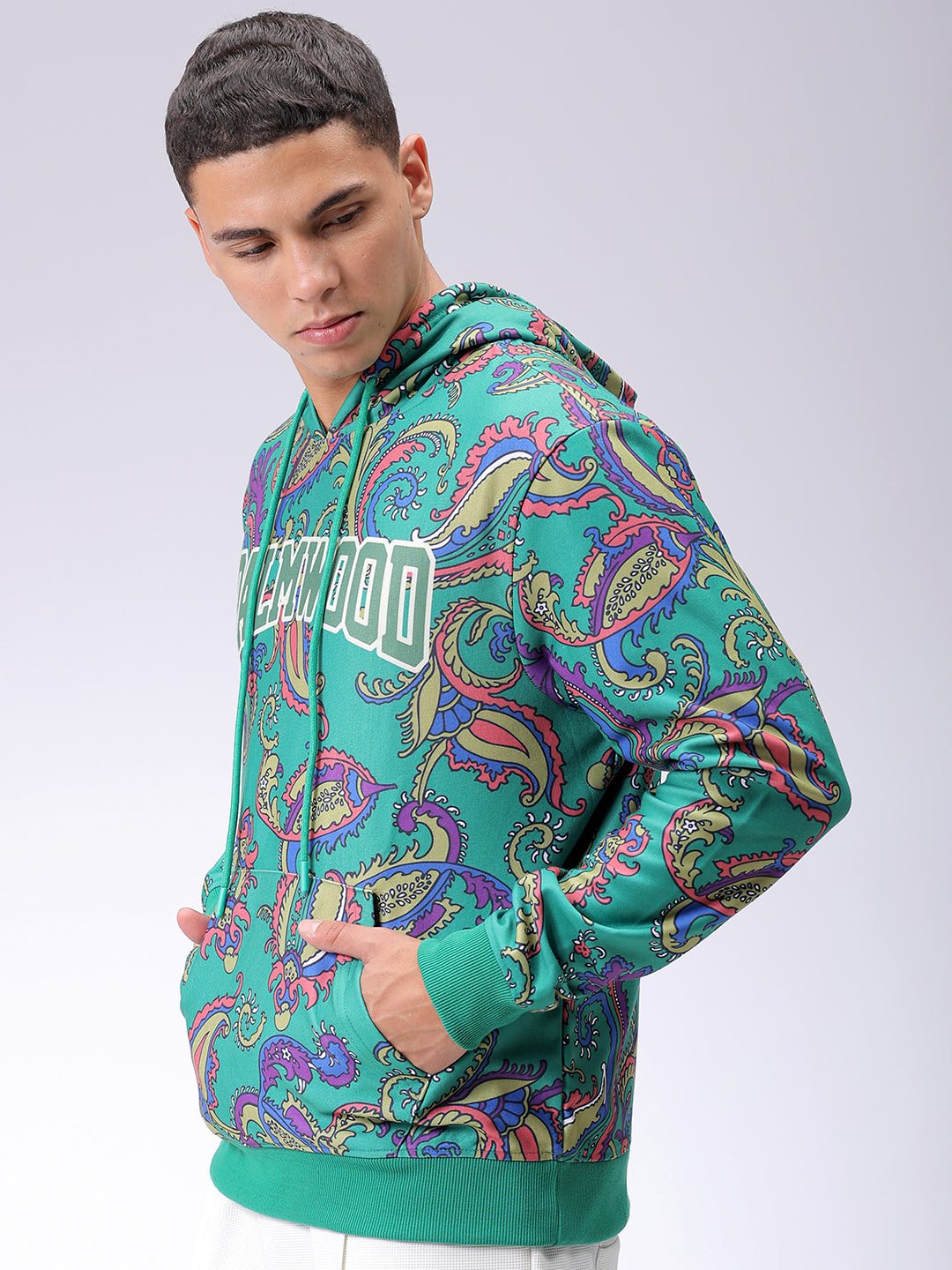 Men's Green Regular Fit Paisley Printed Overhead-Hooded Sweatshirt
