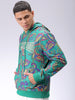 Men's Green Regular Fit Paisley Printed Overhead-Hooded Sweatshirt