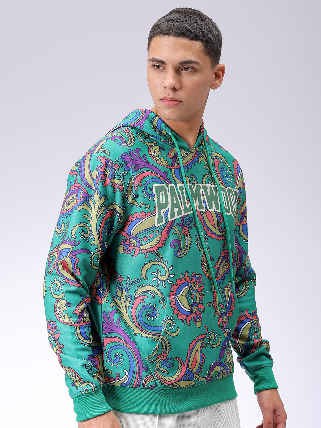 Men's Green Regular Fit Paisley Printed Overhead-Hooded Sweatshirt