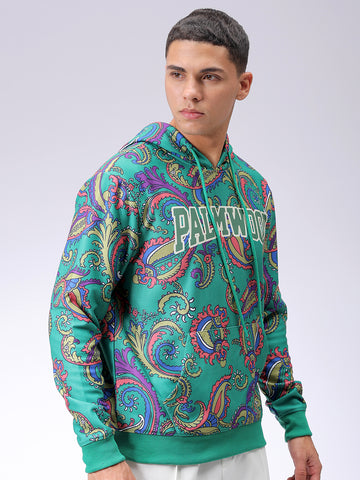 Men's Green Regular Fit Paisley Printed Overhead-Hooded Sweatshirt