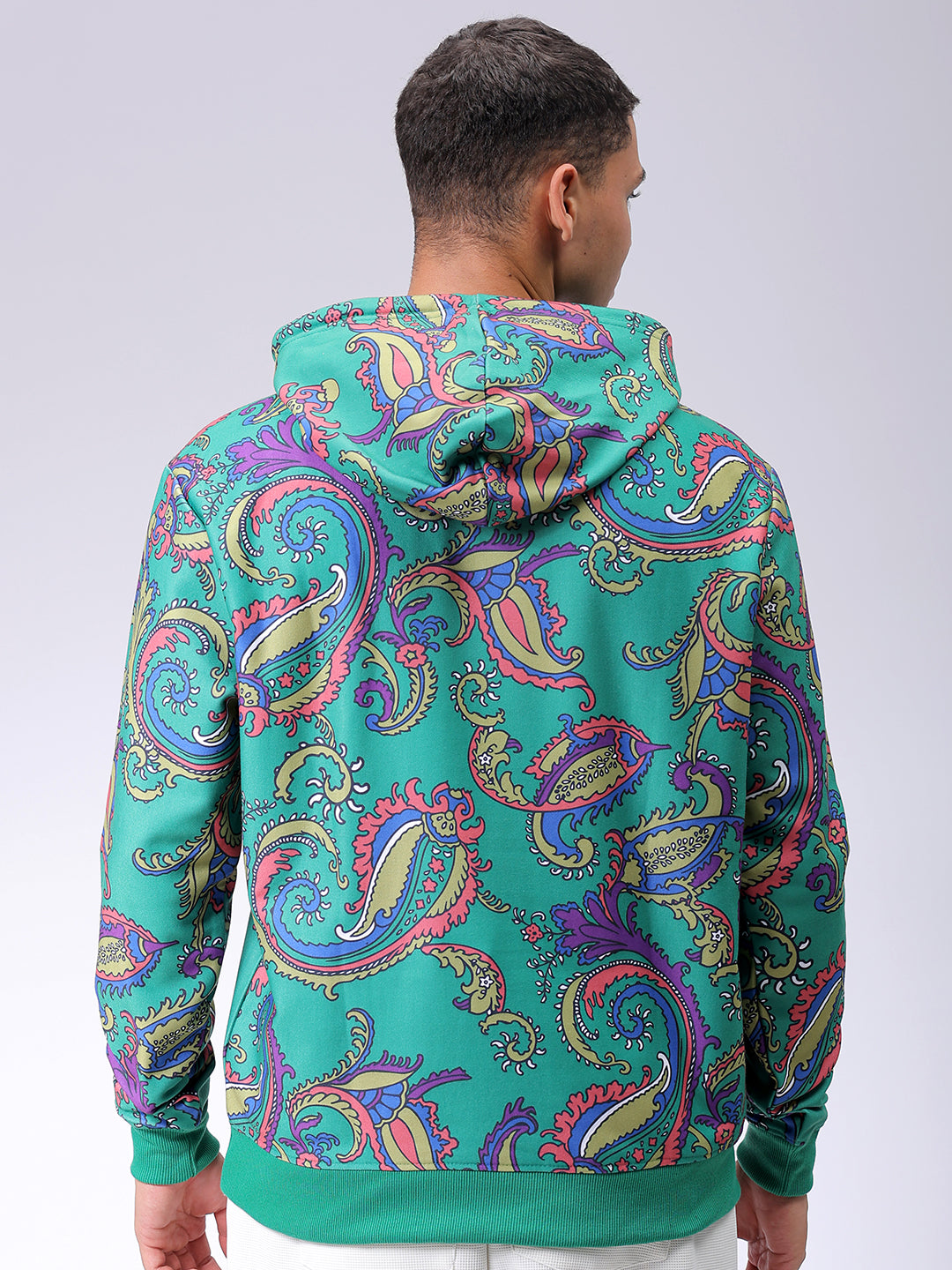 Men's Green Regular Fit Paisley Printed Overhead-Hooded Sweatshirt