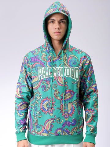 Men's Green Regular Fit Paisley Printed Overhead-Hooded Sweatshirt