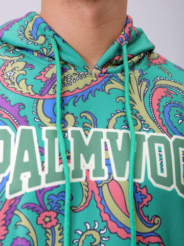 Men's Green Regular Fit Paisley Printed Overhead-Hooded Sweatshirt