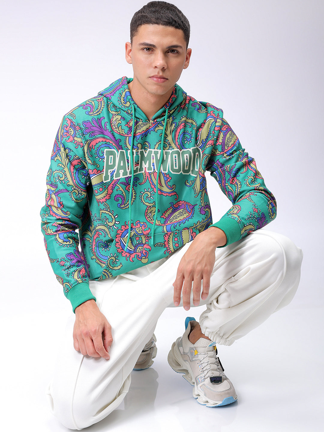 Men's Green Regular Fit Paisley Printed Overhead-Hooded Sweatshirt