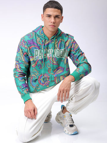 Men's Green Regular Fit Paisley Printed Overhead-Hooded Sweatshirt