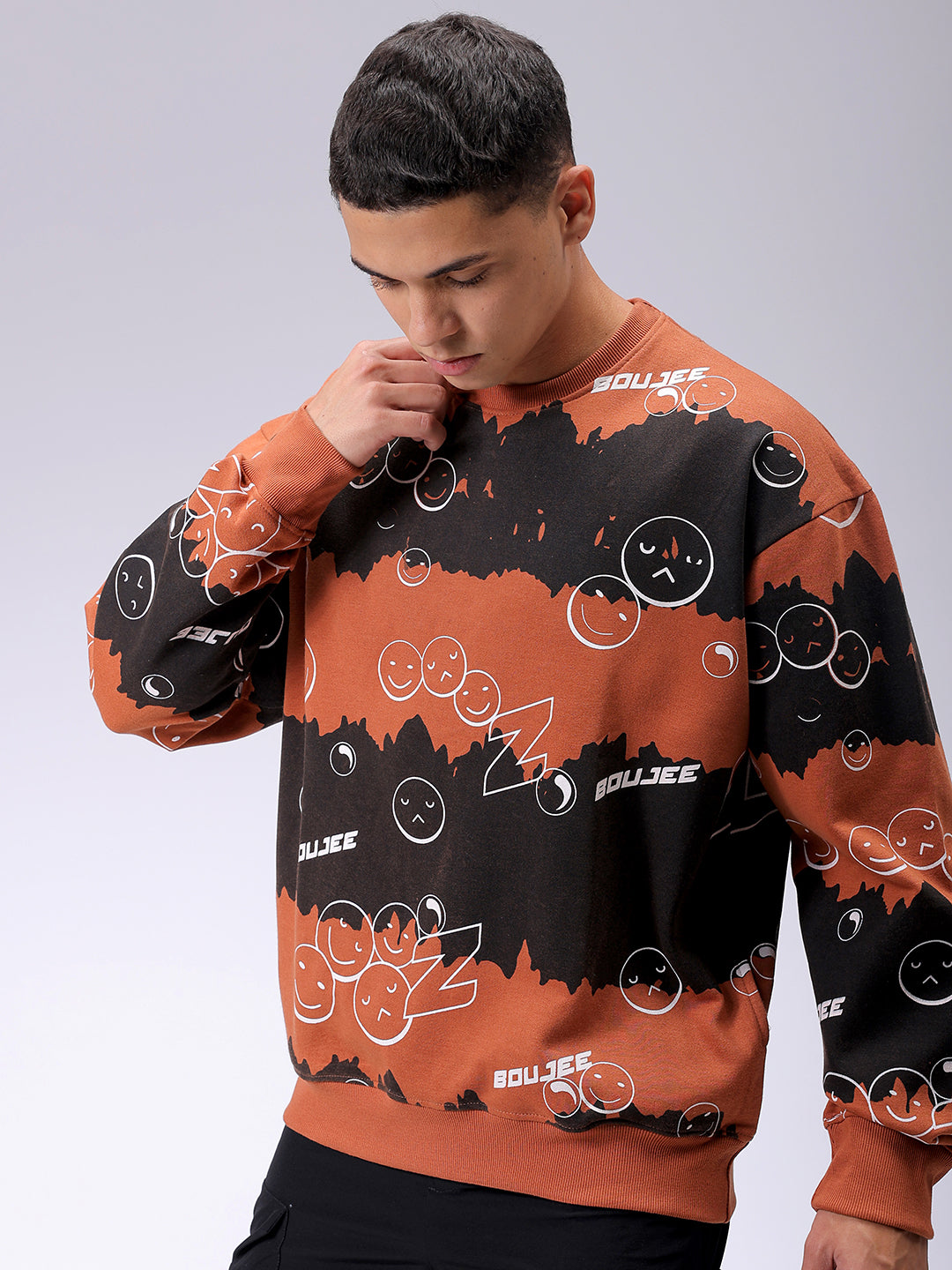 Men's Beige Oversized Abstract Printed Overhead-Crewneck Sweatshirt