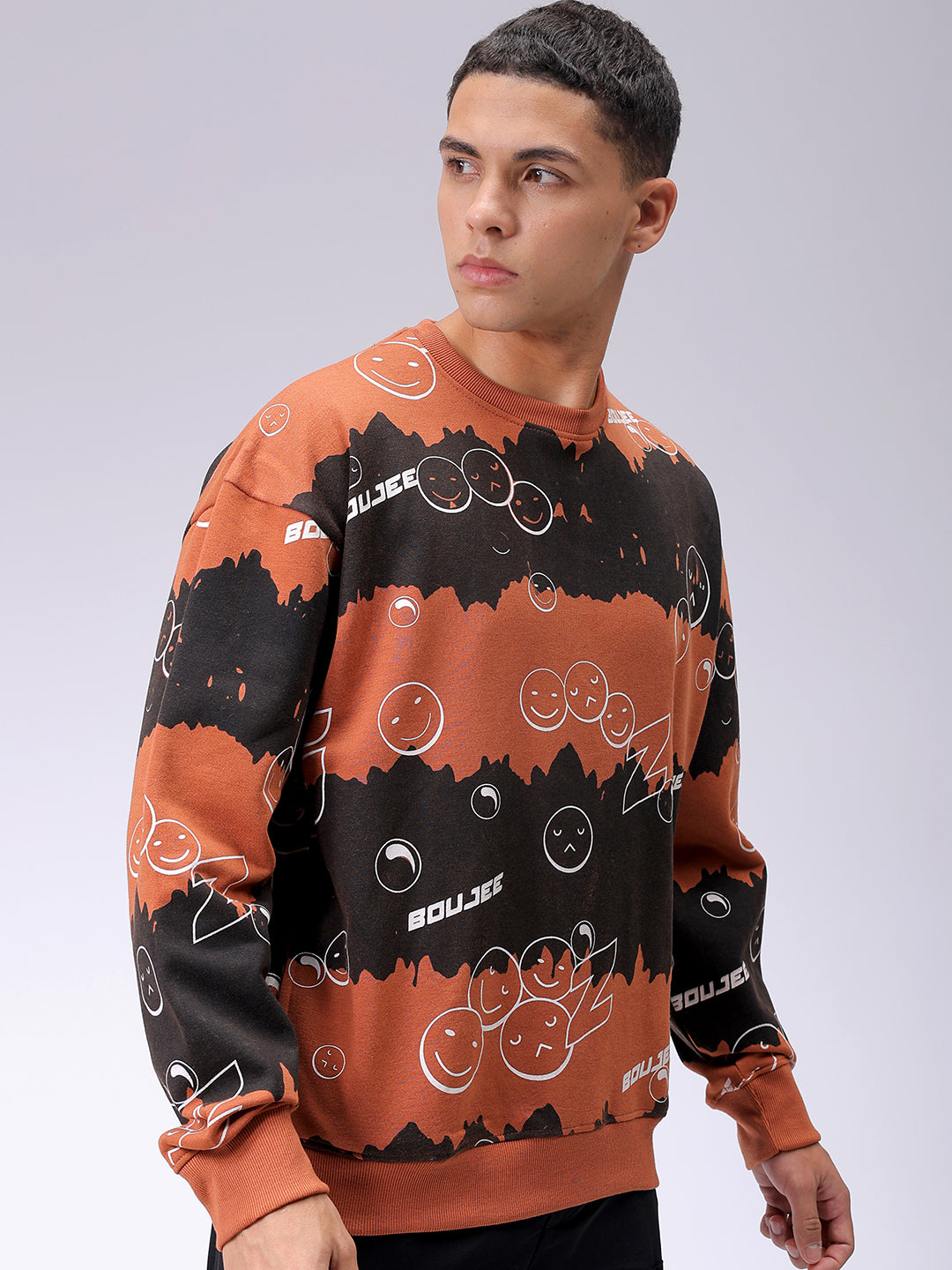 Men's Beige Oversized Abstract Printed Overhead-Crewneck Sweatshirt