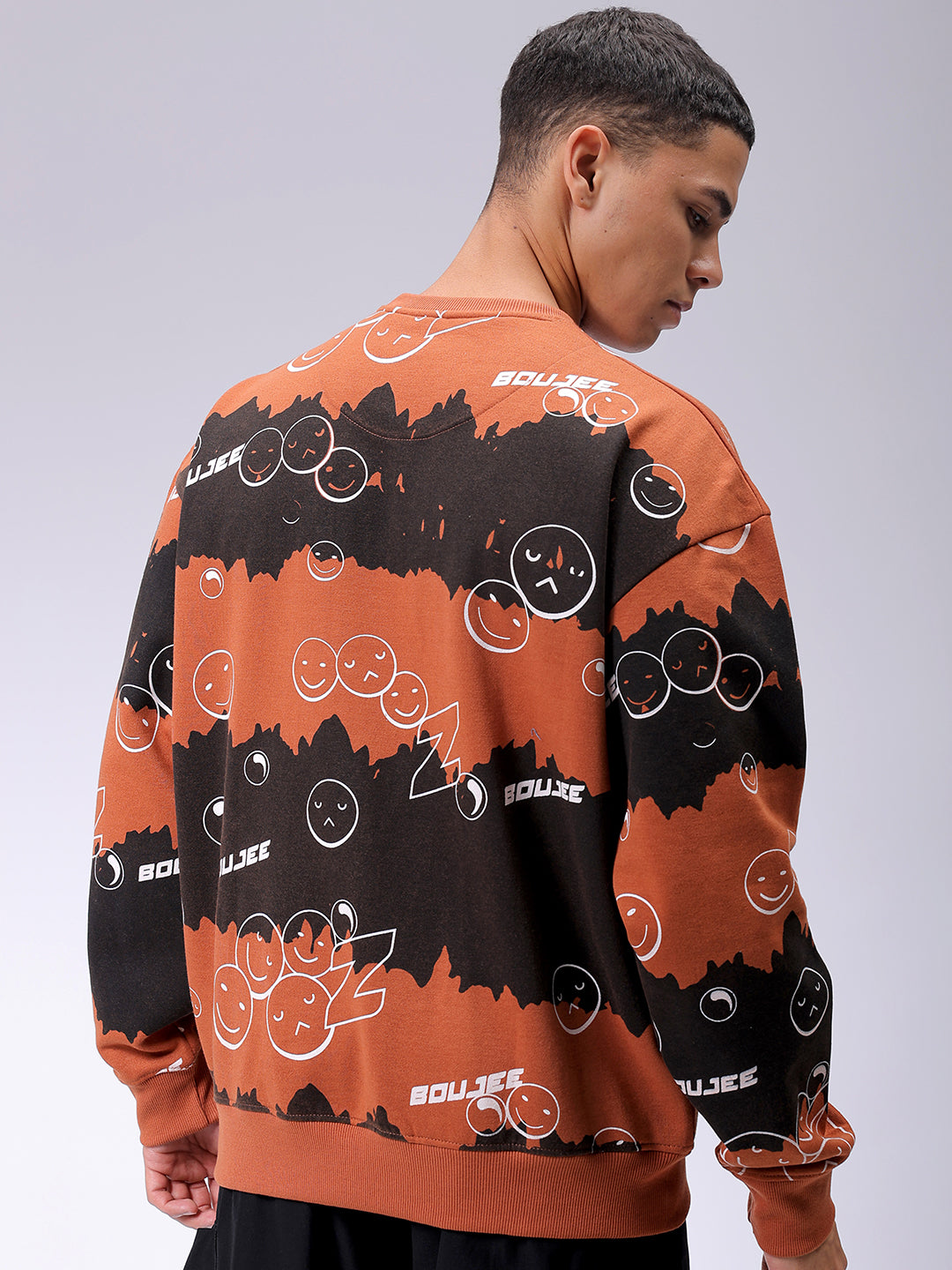 Men's Beige Oversized Abstract Printed Overhead-Crewneck Sweatshirt