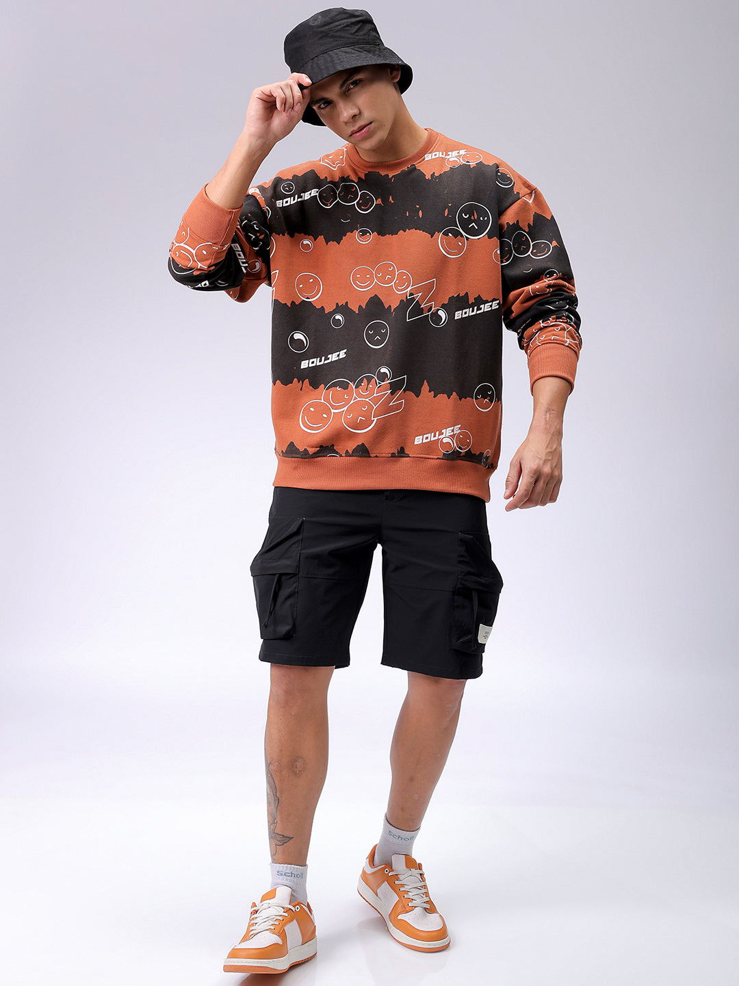 Men's Beige Oversized Abstract Printed Overhead-Crewneck Sweatshirt