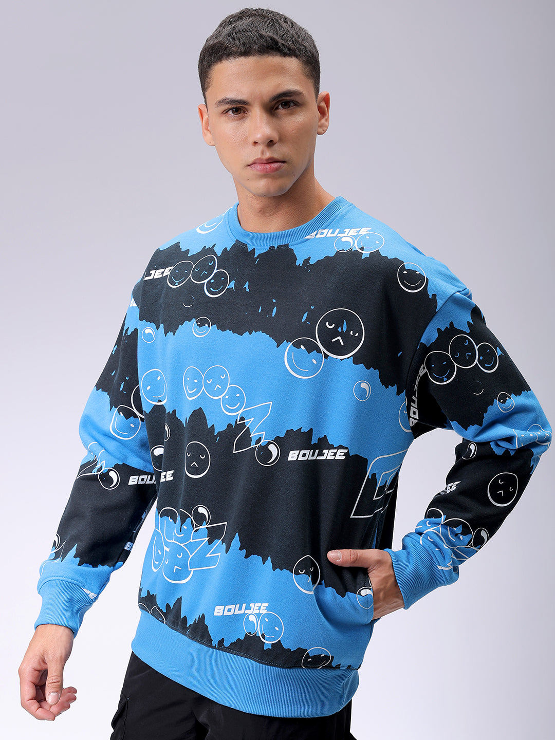 Men's Blue Oversized Abstract Printed Overhead-Crewneck Sweatshirt