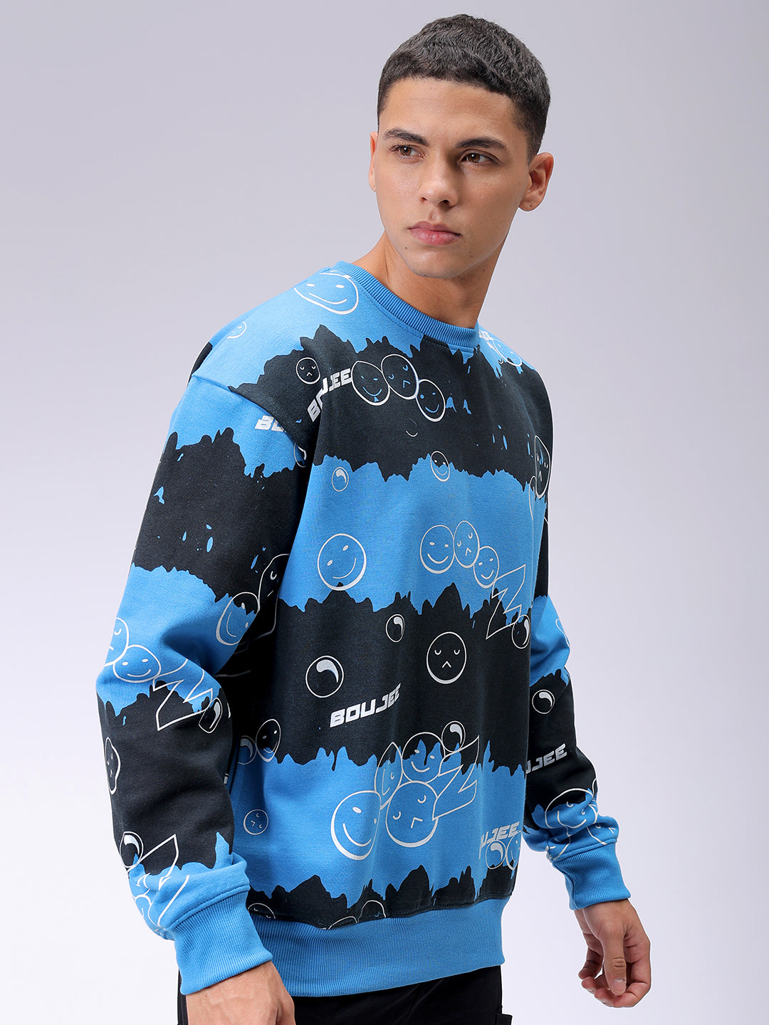 Men's Blue Oversized Abstract Printed Overhead-Crewneck Sweatshirt